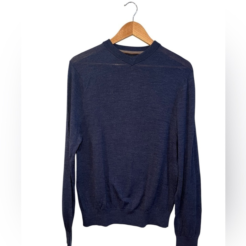 Jon Randall Collection Men's 100% Fine Merino Wool Sweater Blue V Neck Medium M